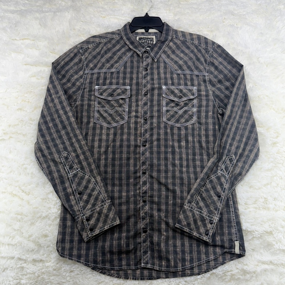 BKE Vintage Mens XL Gray Brown Plaid Cotton Western Button Up Shirt 260534-4